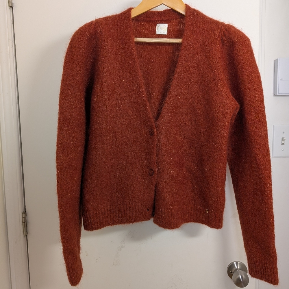 Women's Rust-Red V-Neck Fuzzy Button-Front Cardigan - Picture 1 of 8